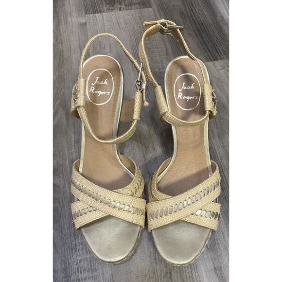 Jack Rogers Size 8.5 ABBEY Natural Raffia Gold Wedge Sandals - Picture 2 of 6